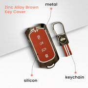 Metal Silicon Car Key Cover with Zinc Alloy For TATA Curvv - 4 Button smart key - 360° Shock-Proof Protection (Biscuit Brown)