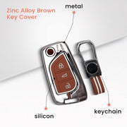 Metal Silicon Car Key Cover with Zinc Alloy For Toyota Corolla Altis, Innova Crysta - 3 Button Flip Key - 360° Shock-Proof Protection for Toyota - (Biscuit Brown)