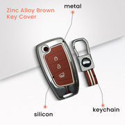 Metal Silicon Car Key Cover with Zinc Alloy For Kona, Verna, Tucson, Venue, Aura - 3 Button Smart Key - 360° Shock-Proof Protection - (Biscuit Brown)