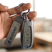 Metal Leather Key Cover for Suzuki Baleno, Ciaz, Grand Vitara, Brezza, S Cross, Swift, Ignis, XL6, Fronx | 2 Button Smart Key