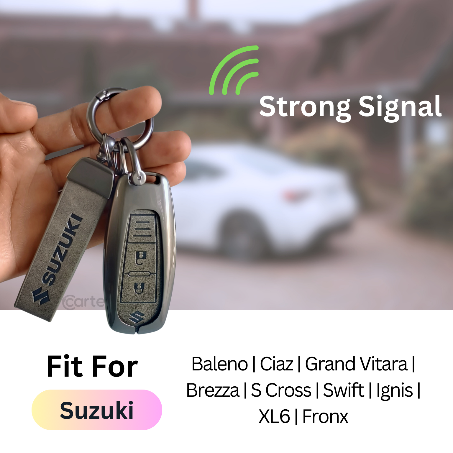 Metal Leather Key Cover for Suzuki Baleno, Ciaz, Grand Vitara, Brezza, S Cross, Swift, Ignis, XL6, Fronx | 2 Button Smart Key