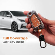 Metal Silicon Car Key Cover with Zinc Alloy For Toyota Corolla Altis, Innova Crysta - 3 Button Flip Key - 360° Shock-Proof Protection for Toyota - (Biscuit Brown)