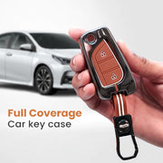 Metal Silicon Car Key Cover with Zinc Alloy For Toyota Corolla, Camry, Ascent, Yaris, Levin - 2 Button Flip Key - 360° Shock-Proof Protection for Toyota - (Biscuit Brown)