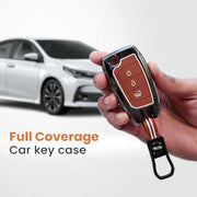 Metal Silicon Car Key Cover with Zinc Alloy For Kona, Verna, Tucson, Venue, Aura - 3 Button Smart Key - 360° Shock-Proof Protection - (Biscuit Brown)