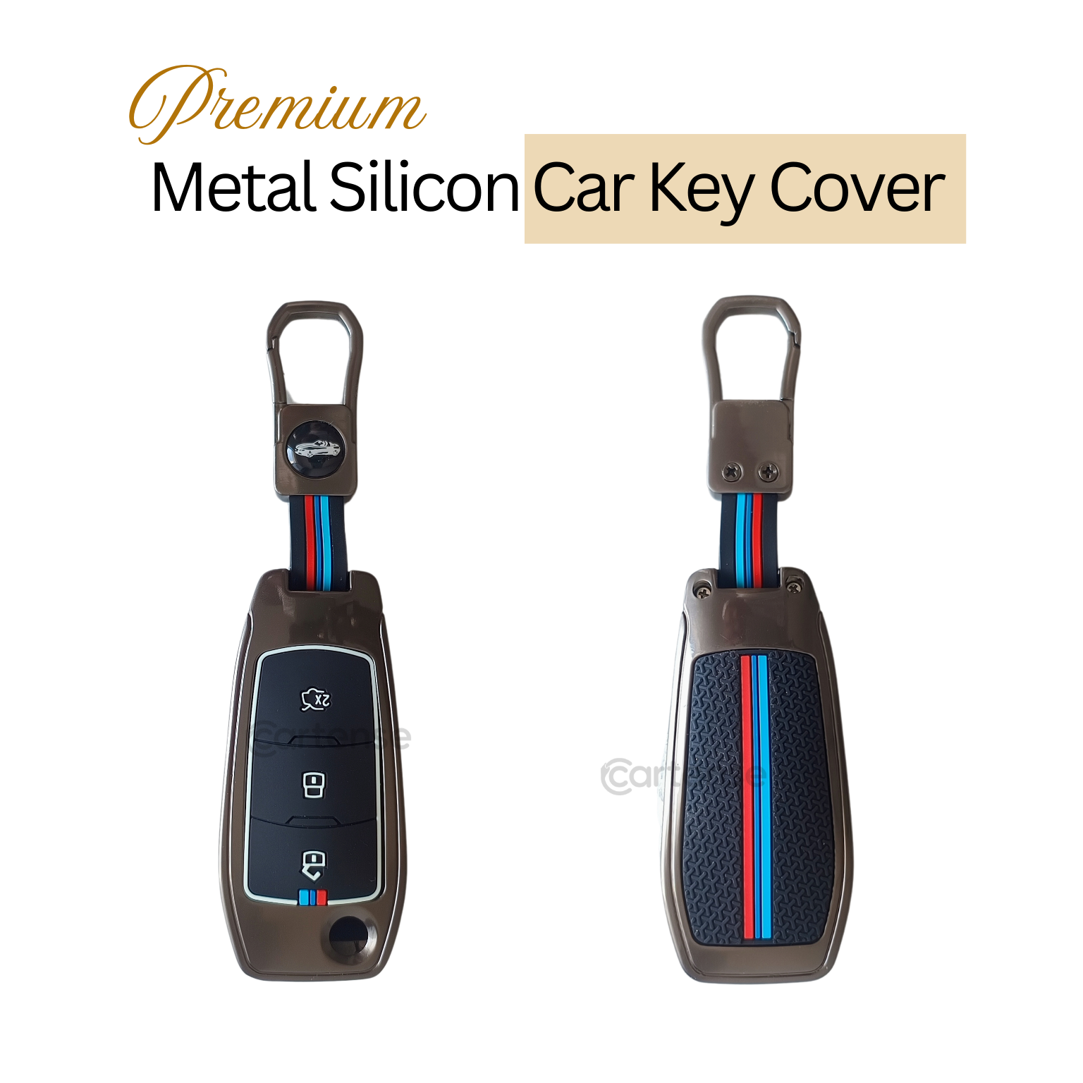Metal Silicon Car Key Cover Compatible with Figo, Aspire, Endeavour | 3 Button Smart Key