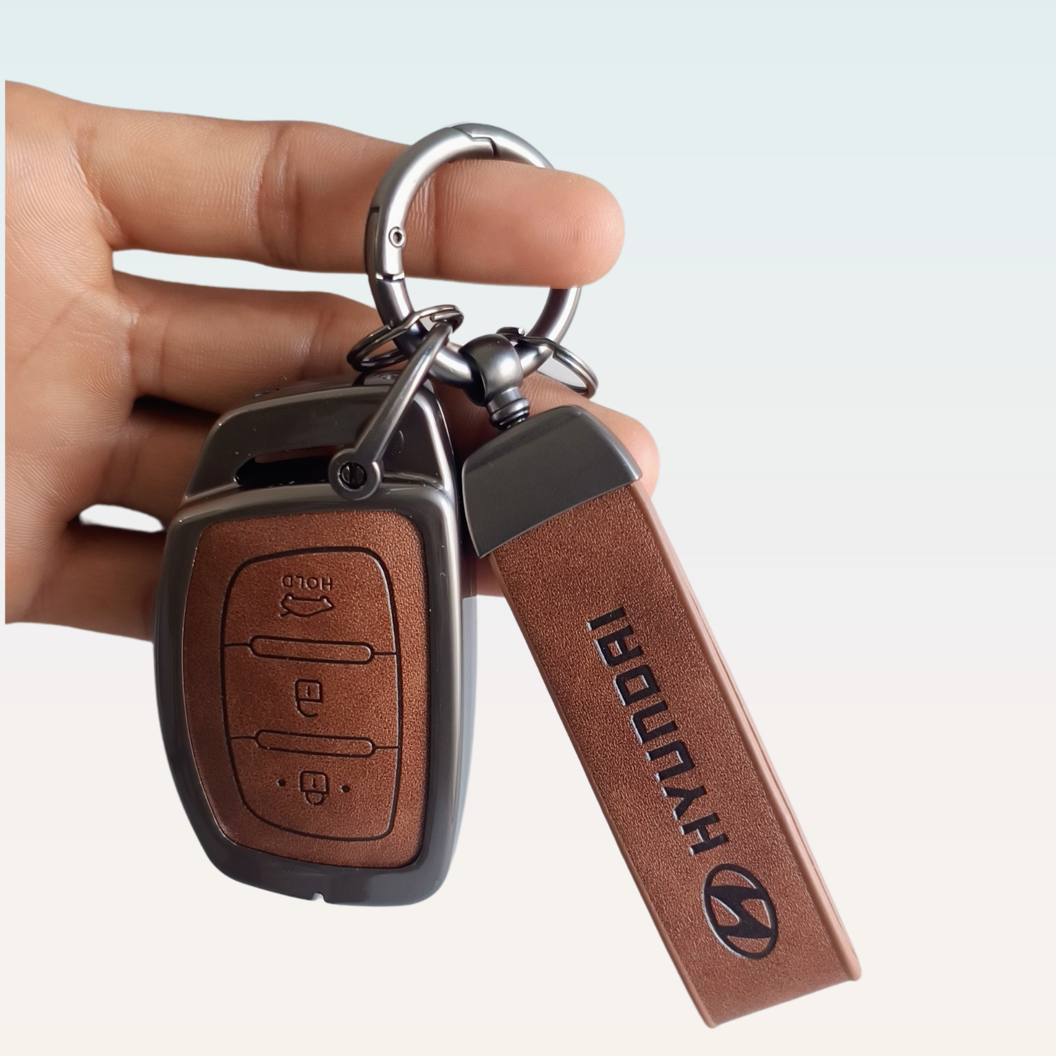 Metal Leather Car Key Cover Compatible with Grand i10 NIOS Asta, Venue, i20, Aura, Creta, Elantra | 3 Button Smart Key
