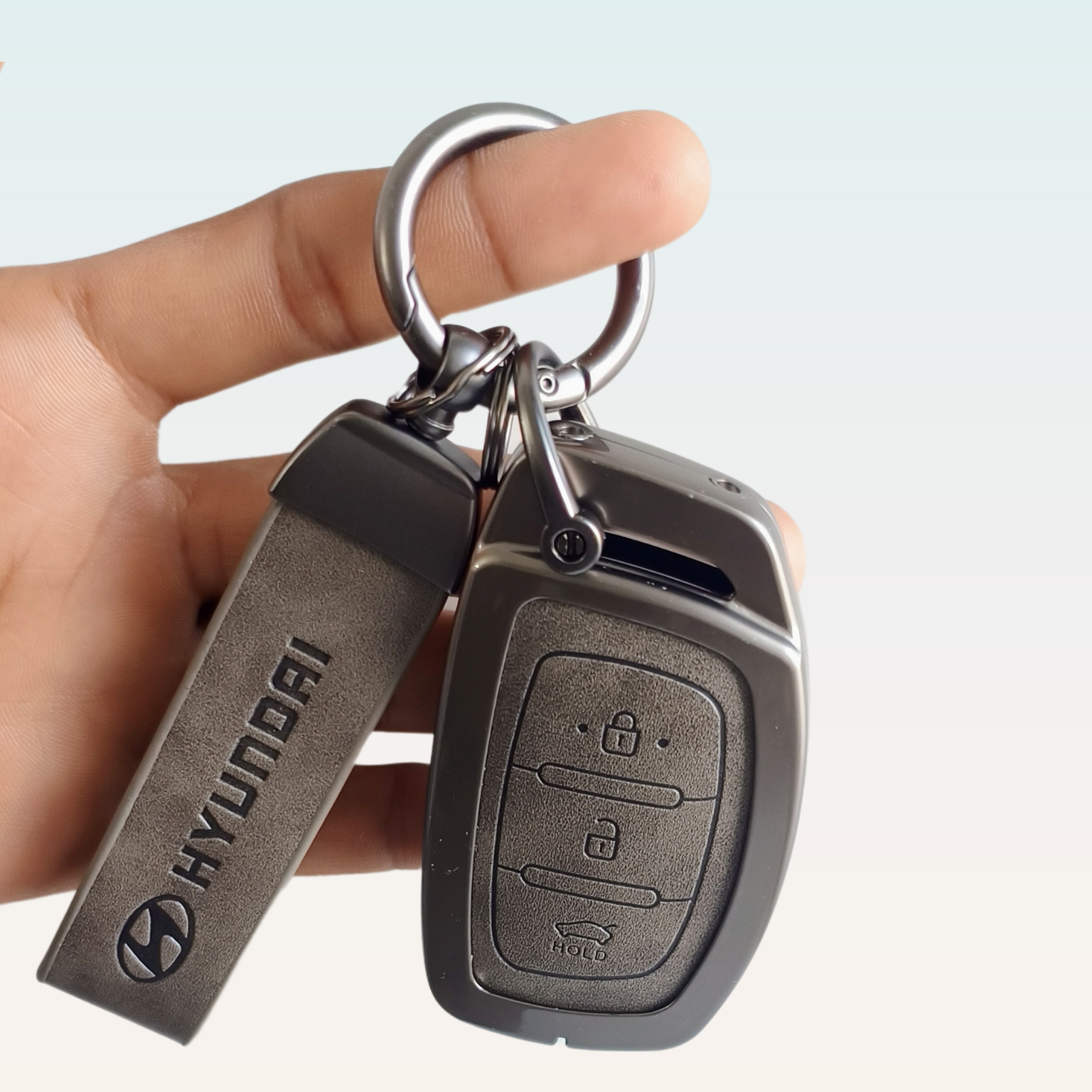Metal Leather Car Key Cover Compatible with Grand i10 NIOS Asta, Venue, i20, Aura, Creta, Elantra | 3 Button Smart Key