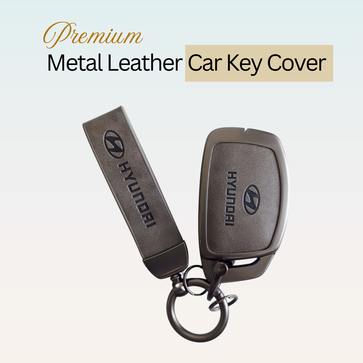 Metal Leather Car Key Cover Compatible with Grand i10 NIOS Asta, Venue, i20, Aura, Creta, Elantra | 3 Button Smart Key