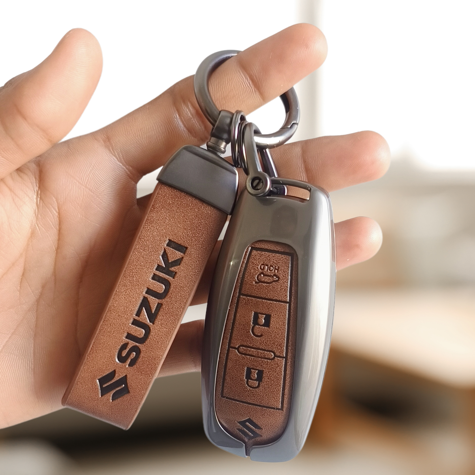 Metal Leather Key Cover for Suzuki Baleno, Ciaz, Vitara, Brezza, S Cross, Swift, Ignis, XL6, Fronx, Jimny,  Grand Vitara  | 3 Button Smart Key