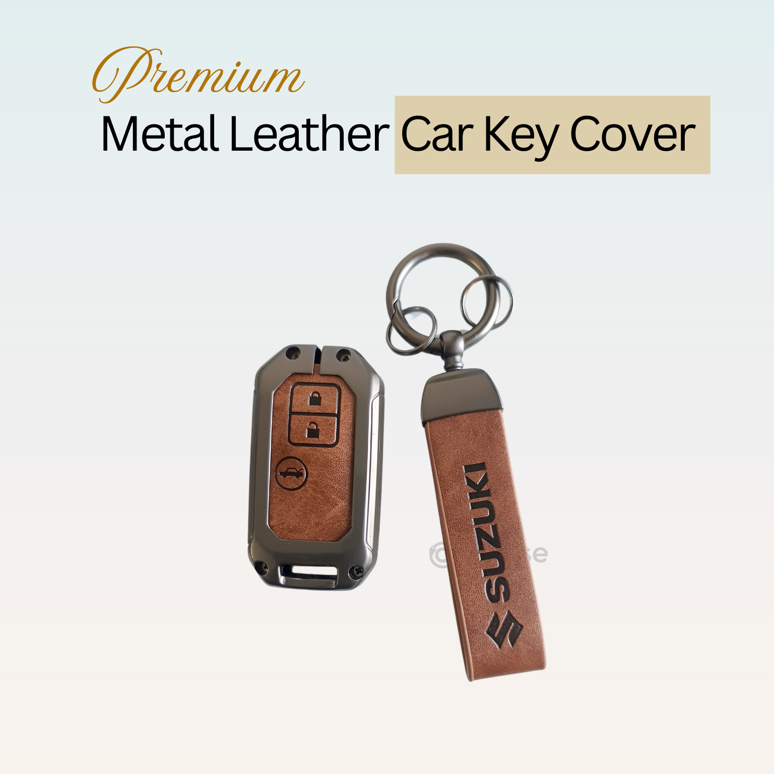 Metal Leather Key Cover for Suzuki Ertiga, Swift, Dzire, Baleno, Ignis, XL6, Franzo, Celerio, Ciaz, Brezza, Jimny   | 3 Button Smart Key