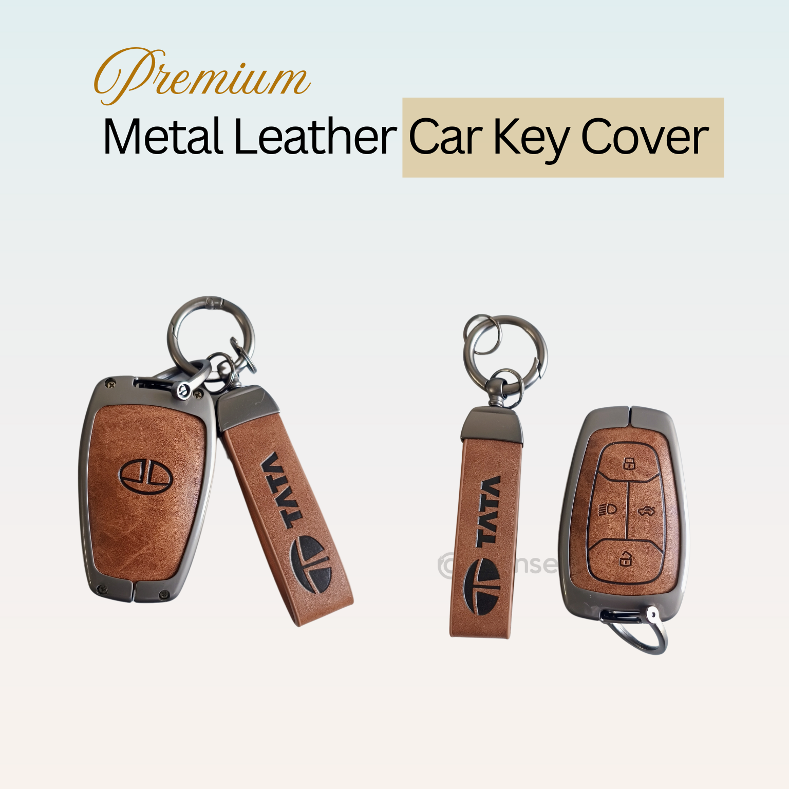 Metal Leather Car Key Cover For TATA Punch, Tiago, Altroz, Nexon, Harrier, Safari, EV, Sierra | 4 Button Smart Key