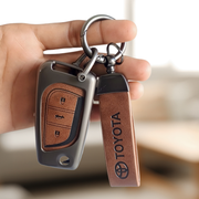 Metal Leather Car Key Cover For Toyota Corolla Altis, Innova Crysta   | 3 Button Flip Key