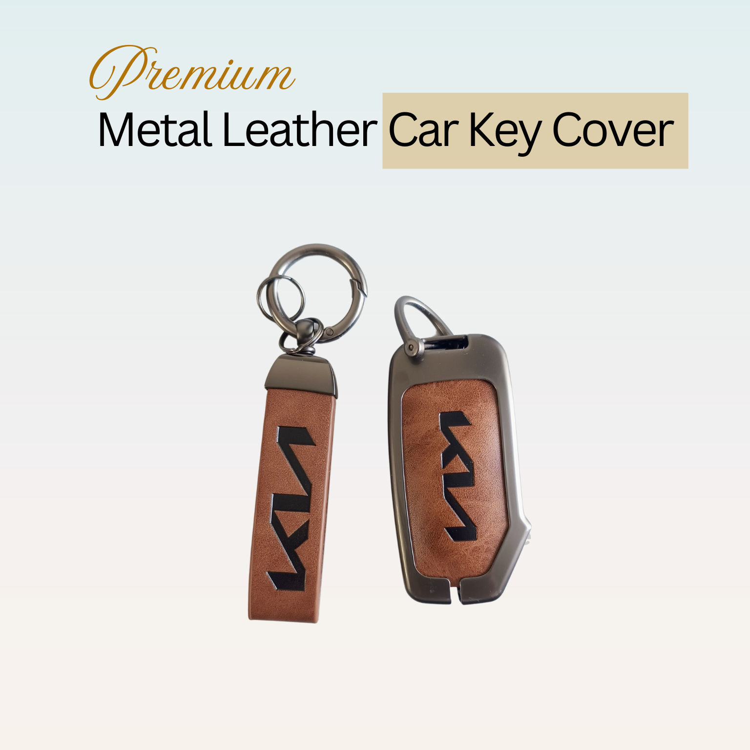 Metal Leather Car Key Cover Compatible With Kia Seltos, Sonet 2023 | Push Start 4 Button Side Key