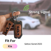 Metal Leather Car Key Cover Compatible With Kia Seltos, Sonet 2023 | Push Start 4 Button Side Key
