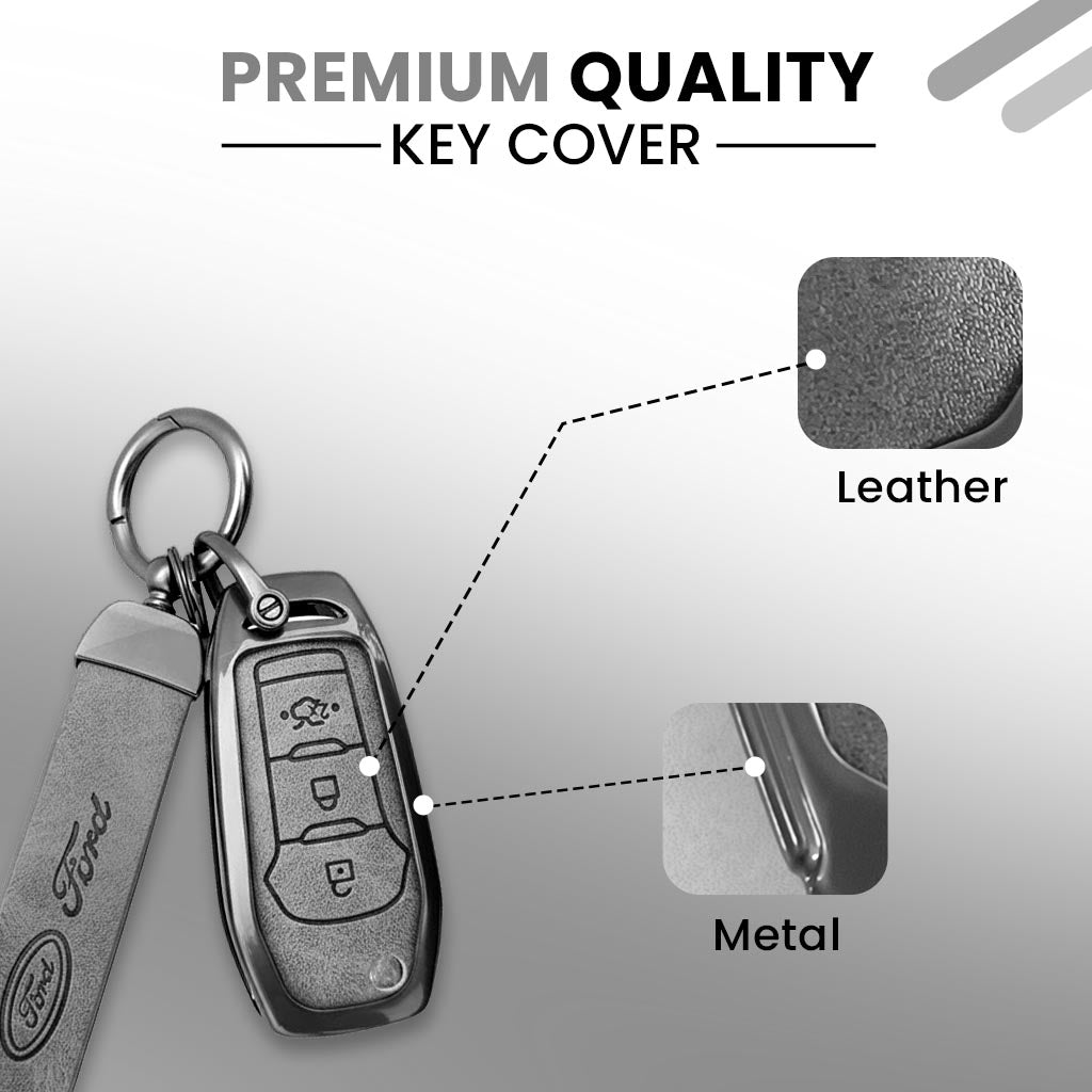 Metal Leather Car Key Cover Compatible with Figo, Aspire, Endeavour | 3 Button Flip Key