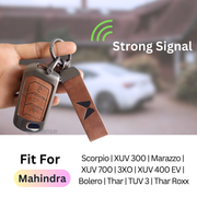 Metal Leather Key Cover For Mahindra Scorpio, XUV 300,  Marazzo, XUV 700,  3XO, XUV 400 EV,  Bolero, Thar, TUV 3  & Thar Roxx | 3 Button Flip Key