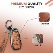Metal Leather Car Key Cover Compatible with Figo, Aspire, Endeavour | 3 Button Flip Key
