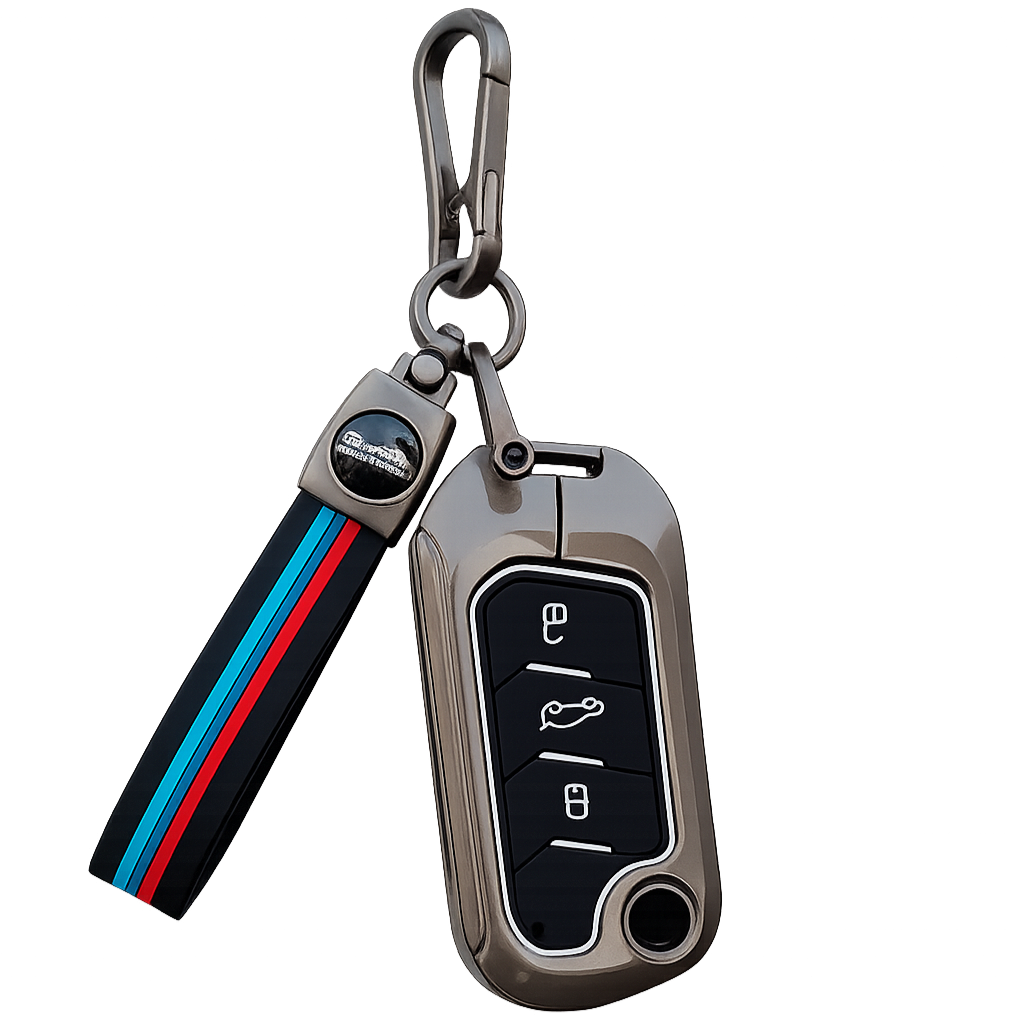 Metal Silicone Key Cover with Belt for Mahindra Scorpio, XUV300, Marazzo, XUV700, 3XO, XUV400 EV, Bolero, Thar, TUV300 & Thar Roxx | 3-Button Flip Key