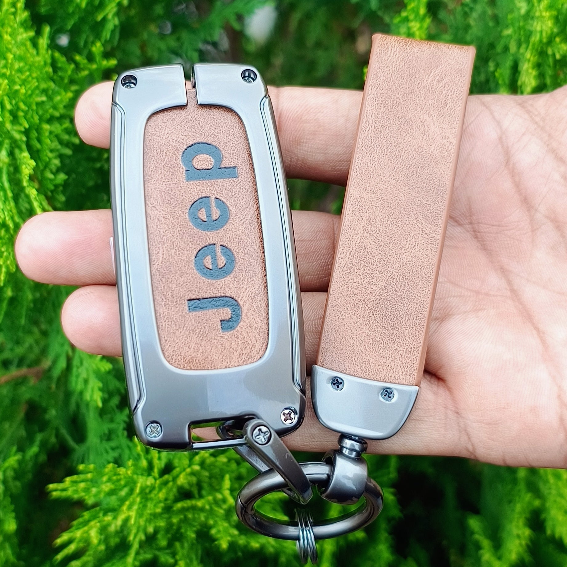 Metal Leather Car Key Cover Compatible With Jeep Compass | 3 Button Smart Key