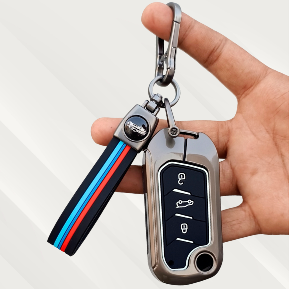 Metal Silicone Key Cover with Belt for Mahindra Scorpio, XUV300, Marazzo, XUV700, 3XO, XUV400 EV, Bolero, Thar, TUV300 & Thar Roxx | 3-Button Flip Key