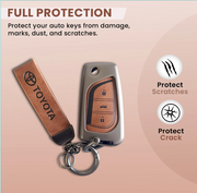 Combo offer Toyota lover Metal Leather Car Key Cover For Toyota Corolla Altis, Innova Crysta   | 3 Button Flip Key