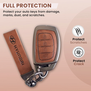 Combo offer Hyundai lover Metal Leather Car Key Cover Compatible With Creta, Venue, i20 Tucson, Elantra, Alcazar, Creta, Tucson | 4 Button Smart Key