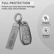 Combo offer FORD lover Metal Leather Car Key Cover Compatible with Figo, Aspire, Endeavour | 3 Button Flip Key