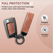 Combo offer Skoda/Volkswagen lover Metal Leather Key Cover for Skoda/Volkswagen Kushaq, kylaq, Octavia, Kodiaq, Superb, Slavia, Passat, Virtus, T Roc | 3 Button Flip Key
