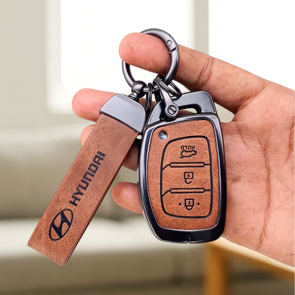 Metal Leather Car Key Cover Compatible with Grand i10 NIOS Asta, Venue, i20, Aura, Creta, Elantra | 3 Button Smart Key