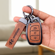 Metal Leather Car Key Cover Compatible with Grand i10 NIOS Asta, Venue, i20, Aura, Creta, Elantra | 3 Button Smart Key