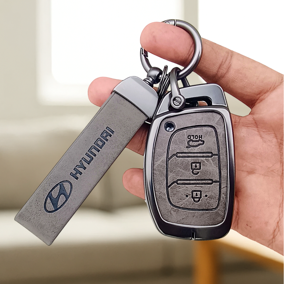 Metal Leather Car Key Cover Compatible with Grand i10 NIOS Asta, Venue, i20, Aura, Creta, Elantra | 3 Button Smart Key