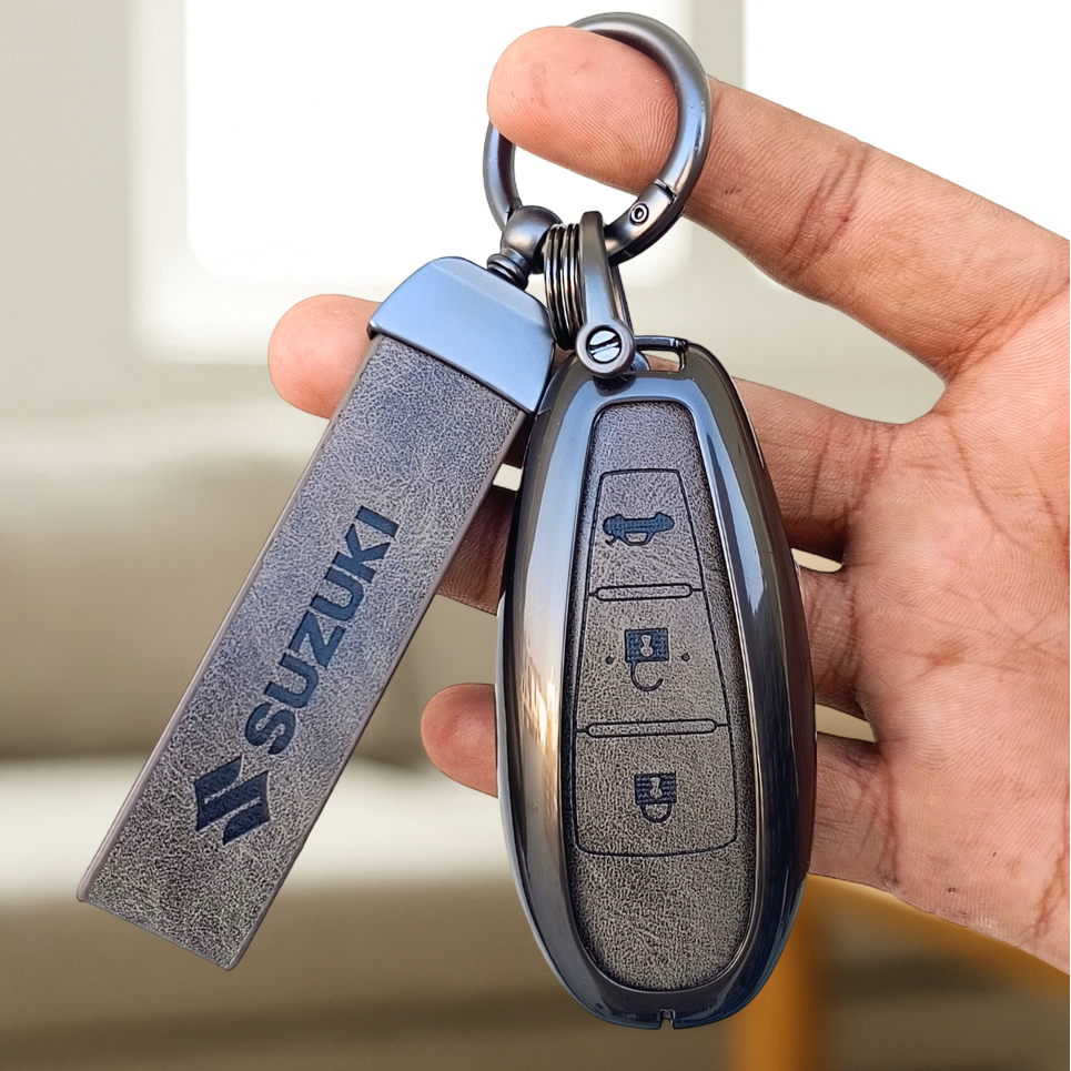 Metal Leather Key Cover for Suzuki Baleno, Ciaz, Vitara, Brezza, S Cross, Swift, Ignis, XL6, Fronx, Jimny,  Grand Vitara  | 3 Button Smart Key