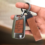 Metal Leather Key Cover for Skoda/Volkswagen Kushaq, kylaq, Octavia, Kodiaq, Superb, Slavia, Passat, Virtus, T Roc | 3 Button Flip Key