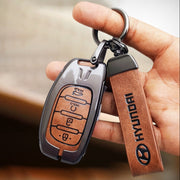 Metal Leather Car Key Cover Compatible With Creta, Venue, i20 Tucson, Elantra, Alcazar, Creta, Tucson | 4 Button Smart Key