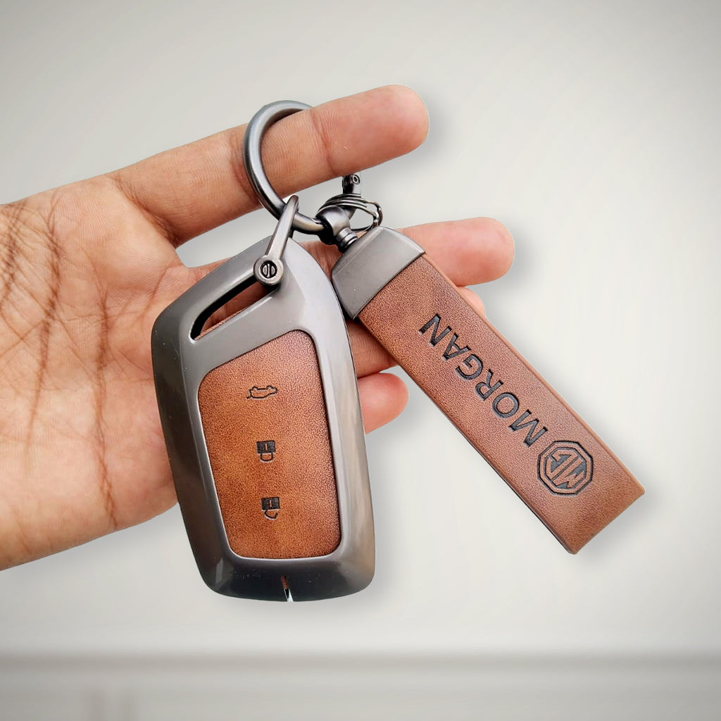 Metal Leather Car Key Cover For MG Hector | 3 Button Smart Key