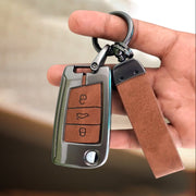 Metal Leather Key Cover for Skoda/Volkswagen Kushaq, kylaq, Octavia, Kodiaq, Superb, Slavia, Passat, Virtus, T Roc | 3 Button Flip Key