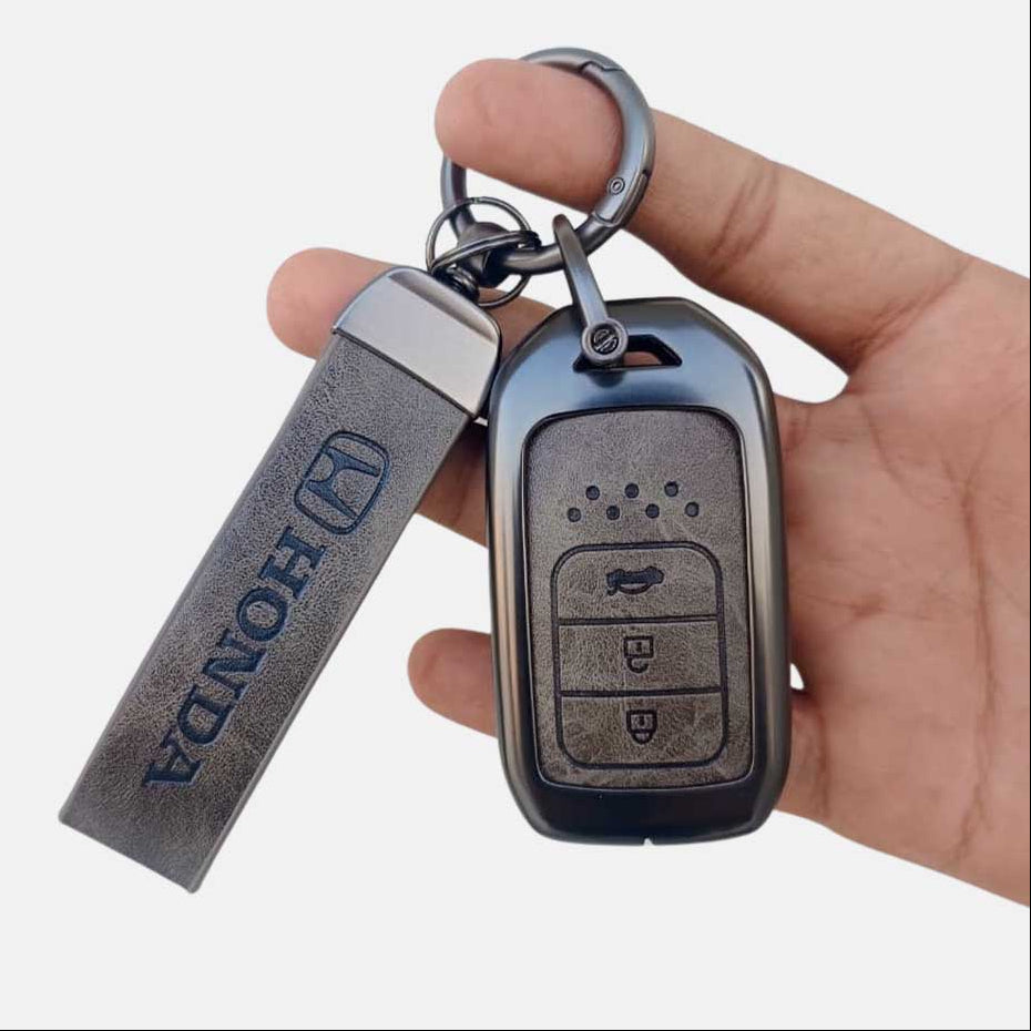Metal Leather Key Cover Compatible with Accord, Amaze Jazz, CR-V, WR-V | 3 Button Smart Key