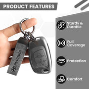 Metal Leather Car Key Cover Compatible With Creta, Venue, Aura, i20,Grand i10 Nios, Xcent | 3 Button Flip Key