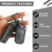 Metal Leather Key Cover for Suzuki Ertiga, Swift, Dzire, Baleno, Ignis, XL6, Franzo, Celerio, Ciaz, Brezza, Jimny   | 3 Button Smart Key