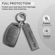 Metal Leather Car Key Cover Compatible with Grand i10 NIOS Asta, Venue, i20, Aura, Creta, Elantra | 3 Button Smart Key