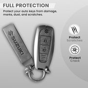 Metal Leather Key Cover for Suzuki Baleno, Ciaz, Grand Vitara, Brezza, S Cross, Swift, Ignis, XL6, Fronx | 2 Button Smart Key