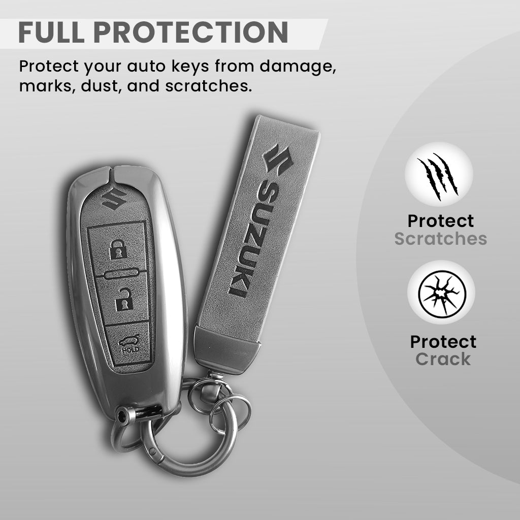 Metal Leather Key Cover for Suzuki Baleno, Ciaz, Vitara, Brezza, S Cross, Swift, Ignis, XL6, Fronx, Jimny,  Grand Vitara  | 3 Button Smart Key