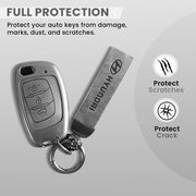 Metal Leather Car Key Cover Compatible With Creta, Venue, Aura, i20,Grand i10 Nios, Xcent | 3 Button Flip Key