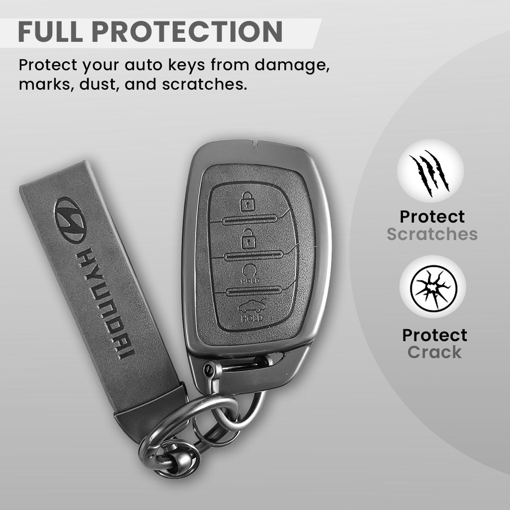 Metal Leather Car Key Cover Compatible With Creta, Venue, i20 Tucson, Elantra, Alcazar, Creta, Tucson | 4 Button Smart Key
