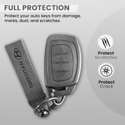 Metal Leather Car Key Cover Compatible With Creta, Venue, i20 Tucson, Elantra, Alcazar, Creta, Tucson | 4 Button Smart Key