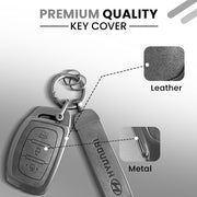 Metal Leather Car Key Cover Compatible with Grand i10 NIOS Asta, Venue, i20, Aura, Creta, Elantra | 3 Button Smart Key