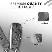 Metal Leather Key Cover for Suzuki Baleno, Ciaz, Grand Vitara, Brezza, S Cross, Swift, Ignis, XL6, Fronx | 2 Button Smart Key