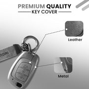 Metal Leather Car Key Cover Compatible With Creta, Venue, Aura, i20,Grand i10 Nios, Xcent | 3 Button Flip Key