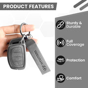 Metal Leather Car Key Cover Compatible With Creta, Venue, i20 Tucson, Elantra, Alcazar, Creta, Tucson | 4 Button Smart Key