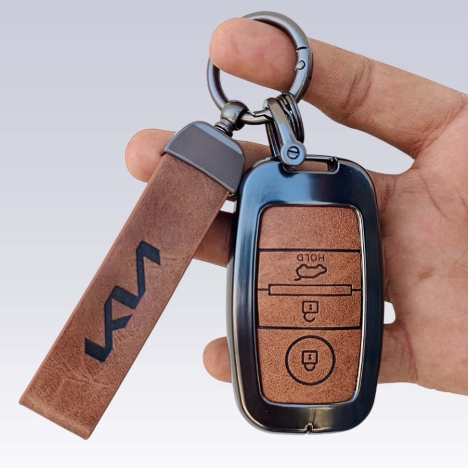 Metal Leather Car Key Cover Compatible With Seltos, Sonet, Carens | Push Start Key